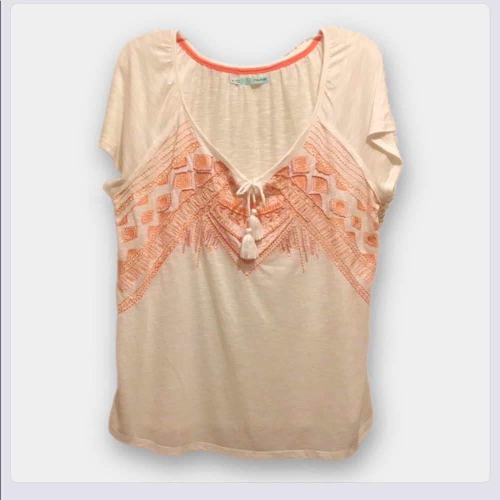 Maurices Bead & Embroidery Embellished, Tasseled Tie, Short Sleeve White Top - Picture 1 of 11